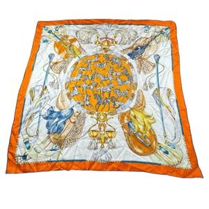 Fence Empire Equine Horse Print Orange Silk Scarf Old Money luxury 34.5" X‎ 34.5